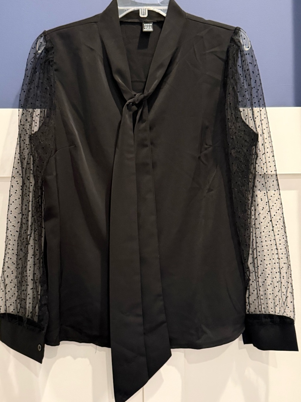 SHEIN Black Tie-Neck Blouse with Polka Dot Sheer Sleeves Size L